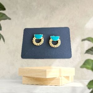 Round Gold Earrings. Green, Vintage, Metal Studs with Gold Tone, Chain Details.